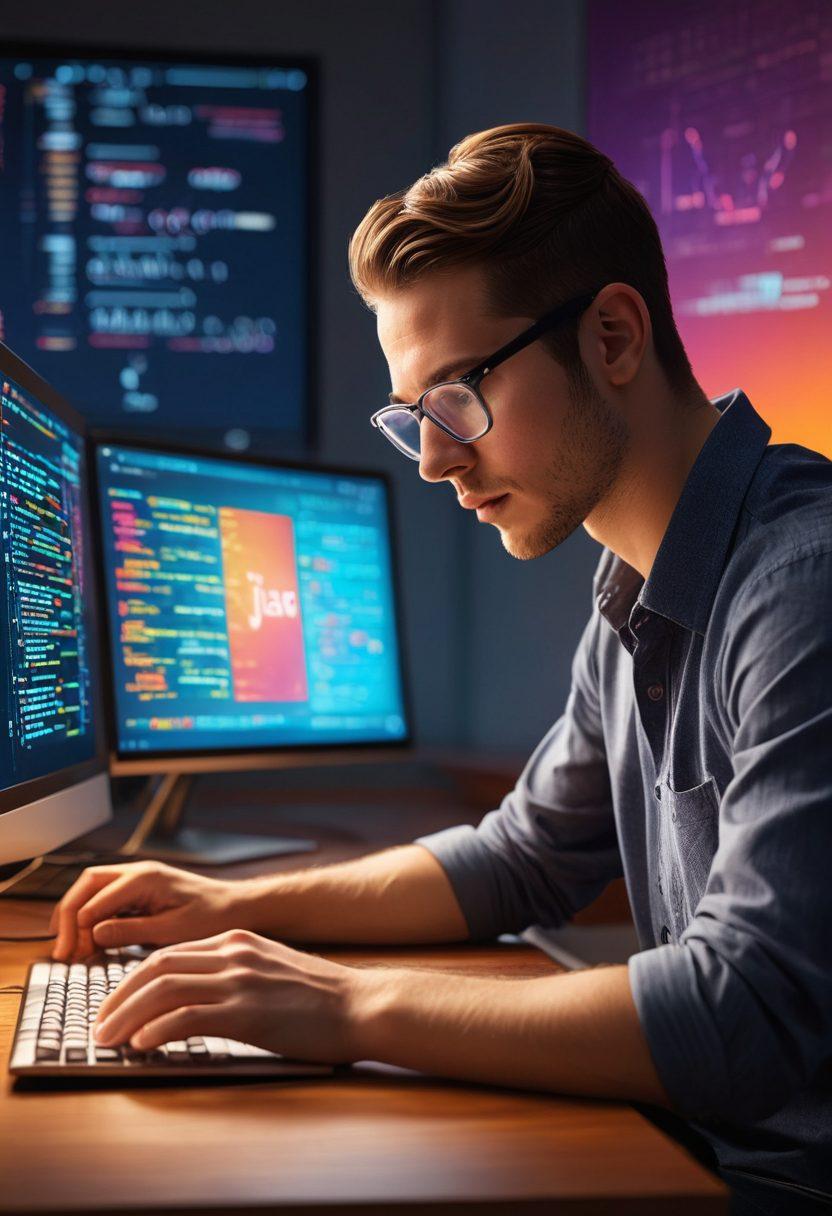 A dynamic scene showcasing a programmer working on a sleek computer with code snippets of Java on the screen, surrounded by visual representations of adult digital experiences like vibrant animations and interactive interfaces. The background features a blend of creativity and technology, symbolizing the bridge between coding and visual artistry. Include warm lighting to evoke a cozy yet innovative atmosphere. super-realistic. vibrant colors. 3D.