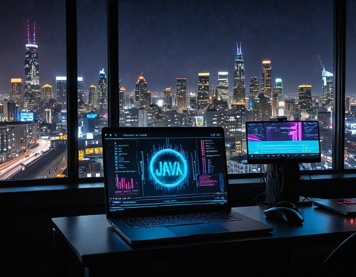 A sleek, modern workspace featuring a laptop with Java code on the screen, surrounded by adult entertainment-themed elements like film reels and neon lights. In the background, a silhouette of a city skyline with digital connections symbolizing tech innovations. The atmosphere is both techy and vibrant, highlighting the fusion of programming and entertainment. super-realistic. vibrant colors. cyberpunk.