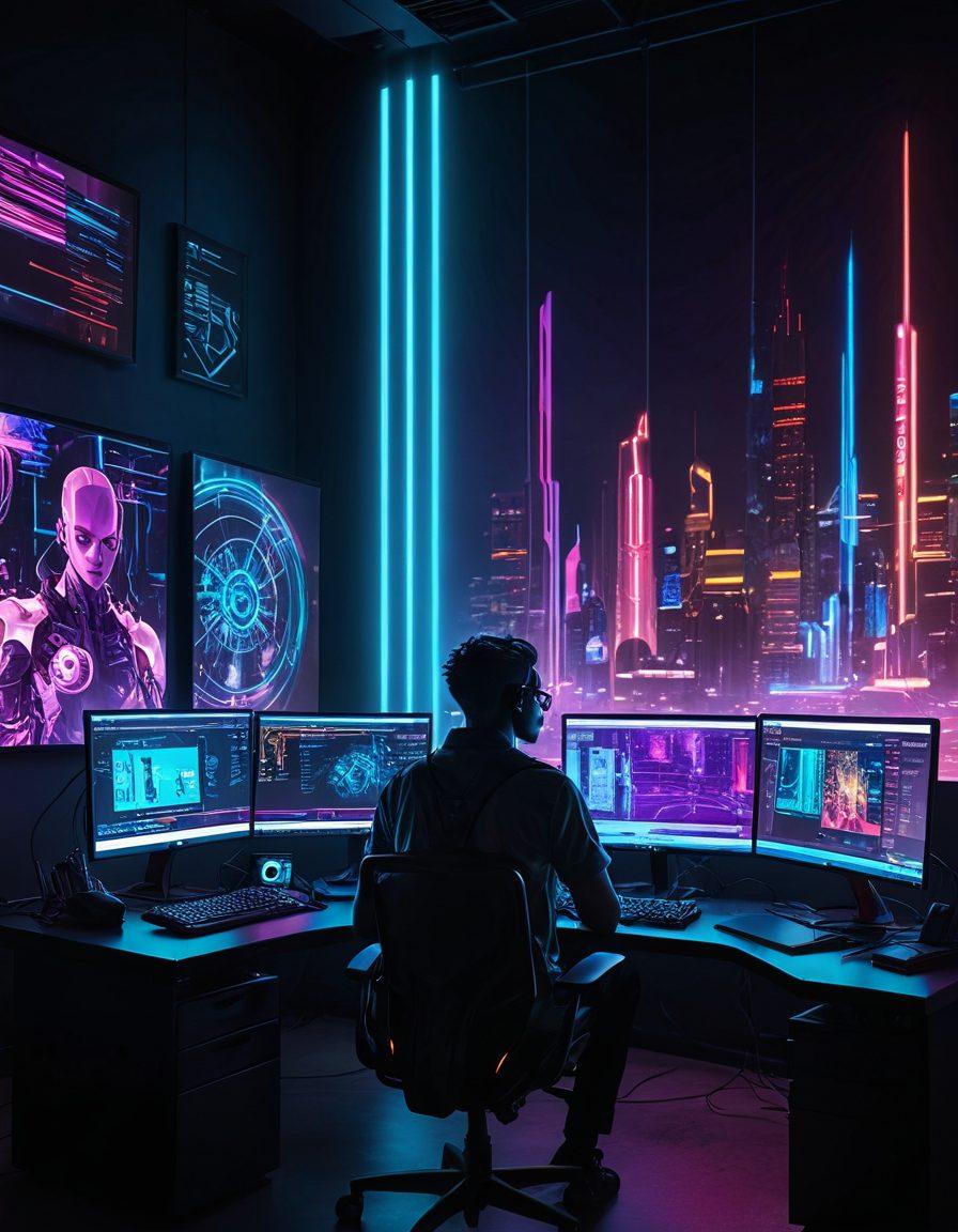 A collage showing a futuristic programmer working intently at a high-tech computer setup, neon lights reflecting on the screen, with adult-themed digital art displayed prominently in the background. Include elements of coding snippets floating in the air and seductive silhouettes subtly integrated into the design. The atmosphere should be both creative and suggestive, blending technology with allure. cyberpunk. vibrant colors. dark background.